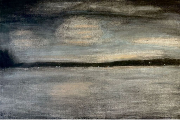 A charcoal drawing of a sunset from the beach