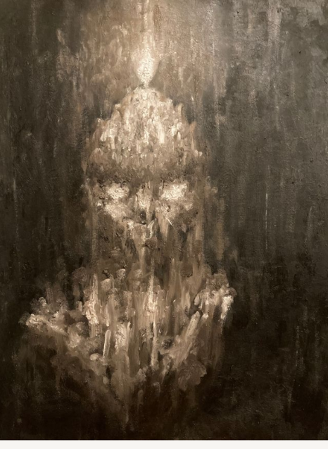Oil painting of a blurred figure with a flame glowing on top of the head