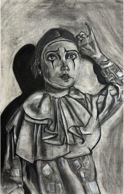 A charcoal drawing of a sad clown