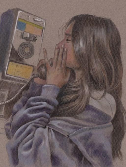A drawing of a teenage girl on a payphone whispering something sensitive as seen by the hand covering her mouth. 