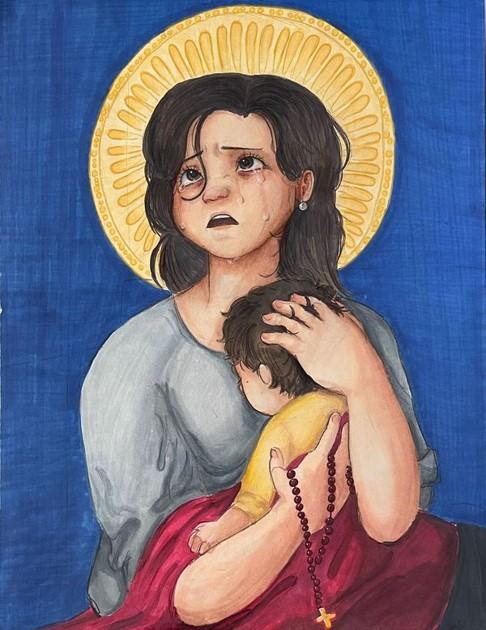 A religious painting of la Virgen de Guadalupe holding her baby to her chest. 