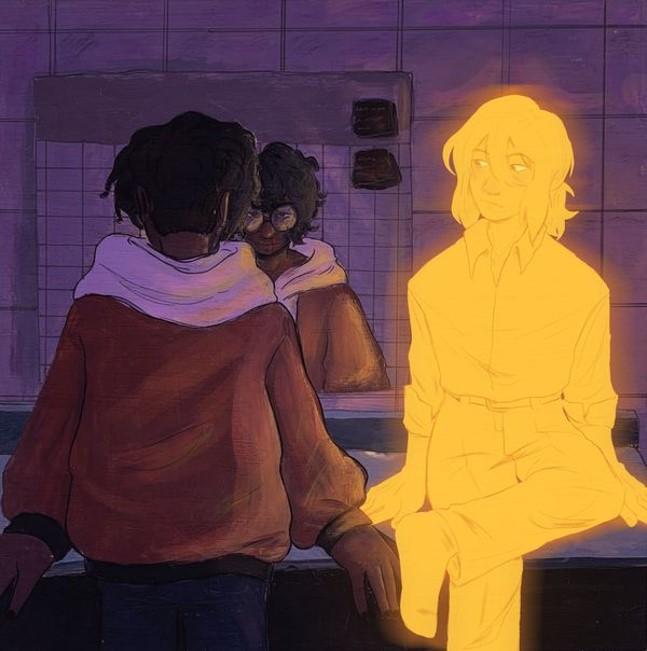 A combination of digital and traditional art where a girl is looking in the mirror and a graphic image of a girl is there to invisibly support her. 