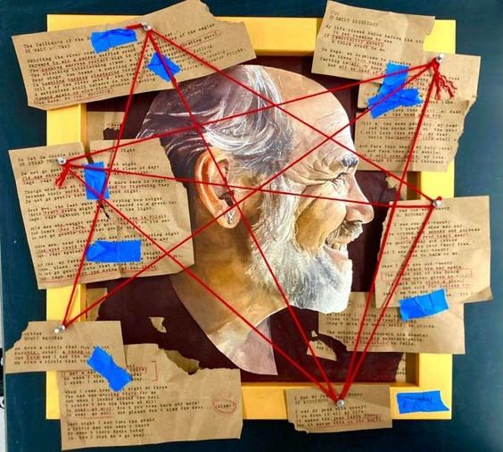 A Mixed Media collage of the artist's grandfather's face surrounded by the poetry that he loved. 