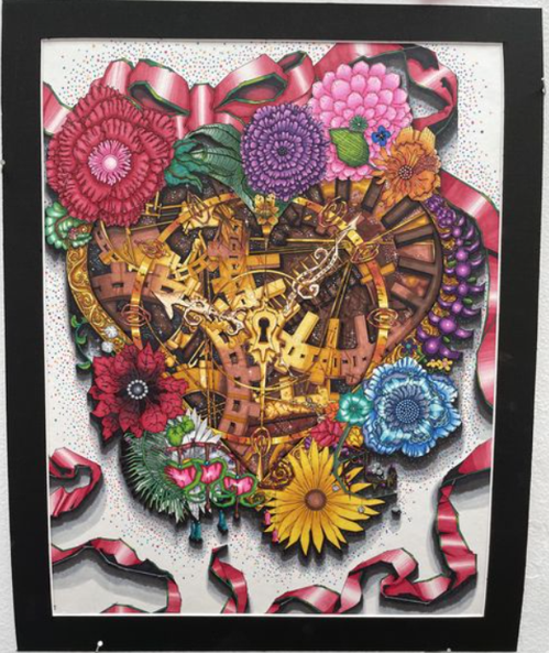 The artist created a drawing of a locked mechanical heart buried in flowers. 