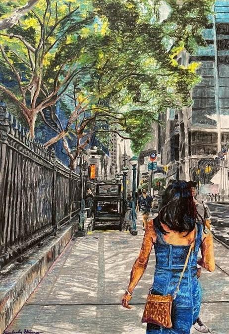 Oil pastel drawing of a mysterious lady walking down the sidewalk in NYC with many different colors to convey a bright and energetic city. 