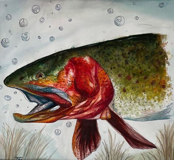 A watercolor painting of a fish with vivid colors of red and green. 