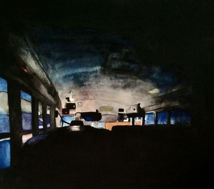 A watercolor painting of the artist's morning bus ride inside the bus as a comforting place of peace and quiet. 