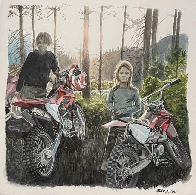 A watercolor painting of the artist and his sister riding dirt bikes on a camping trip