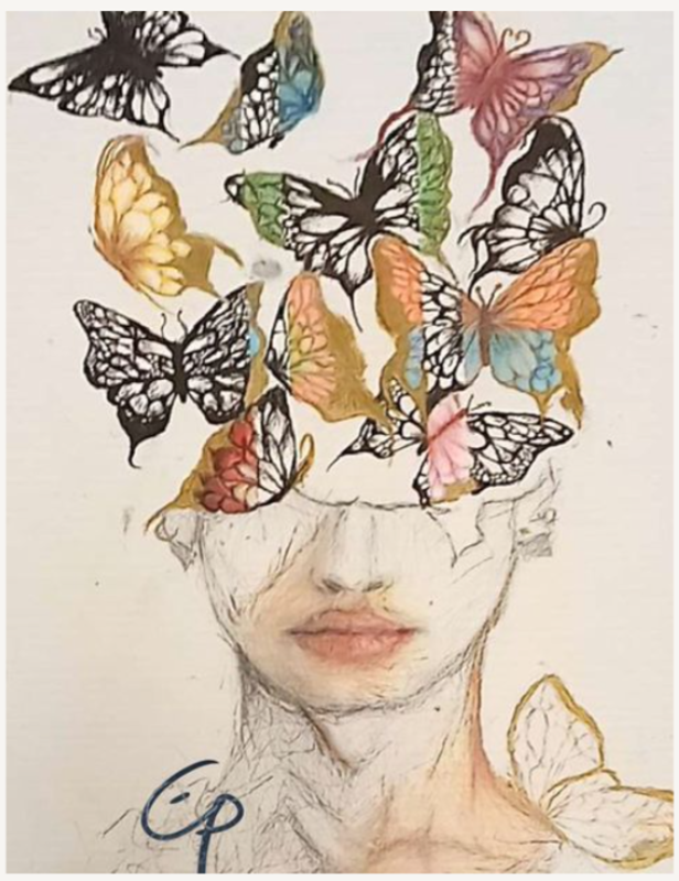 A mixed media artwork of a woman's head with butterflies covering the top half of her face