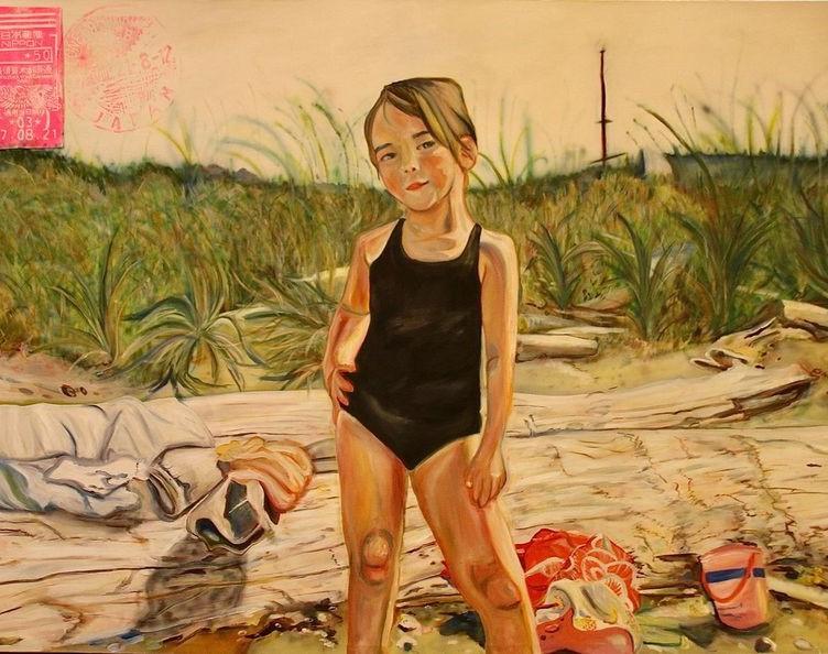 An acrylic oil painting of a very young girl on the beach wearing a dark bathing suit. 