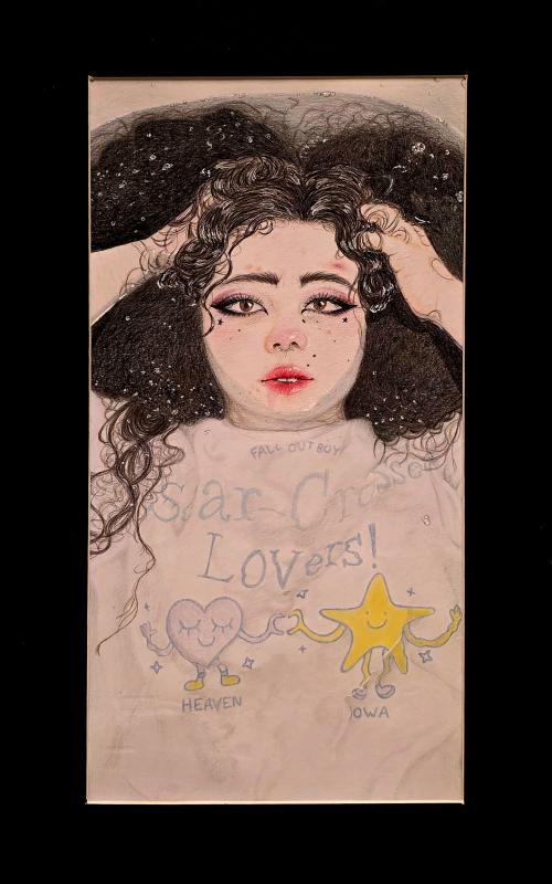 Drawing of a girl fully clothed in a bathtub full of water clutching her head with a blank expression on her face and a shirt that reads "scar crossed lovers!"