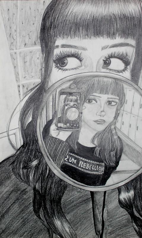 "Echoes of Ourselves is a black and white drawing of me holding a mirror, with the reflection revealing one of my closest friends. My piece depicts the idea that deep friendships act as reflections of who we are.