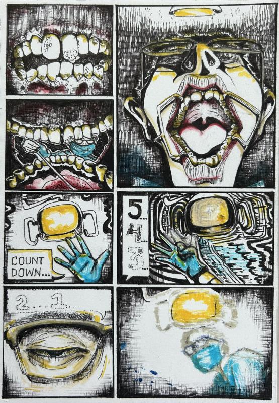 A page organized like a comic. The first three boxes take up the top half of the image and depict a dental patient with their mouth held open receiving a shot in their gums. The final three boxes show the patients perspective as they slowly pass out. The text shows the dentists slowly counting down from 5.