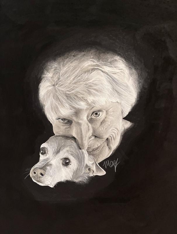 Image depicts a realistically-drawn elderly woman and small dog in black and white charcoal. The woman is gazing into the camera, holding the dog close to her head.