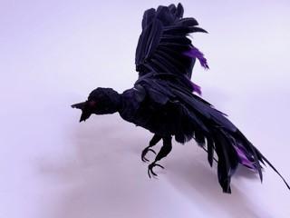 Paper and cloth mache bird with feathers as finishing touch