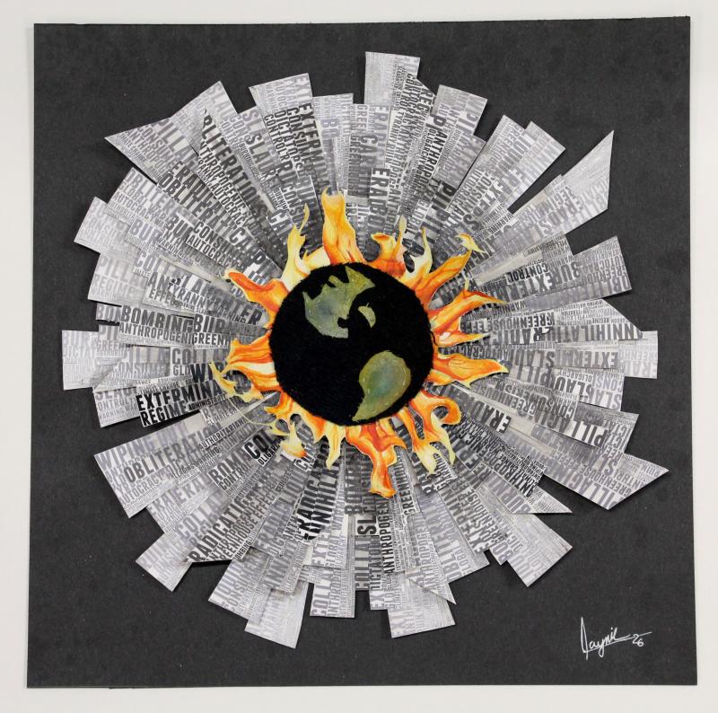 This piece is a cityscape of buildings that are collaged with words. The center is made out of recycled fabric and resembles the world. Outside of this a ring of fire created from acrylic.