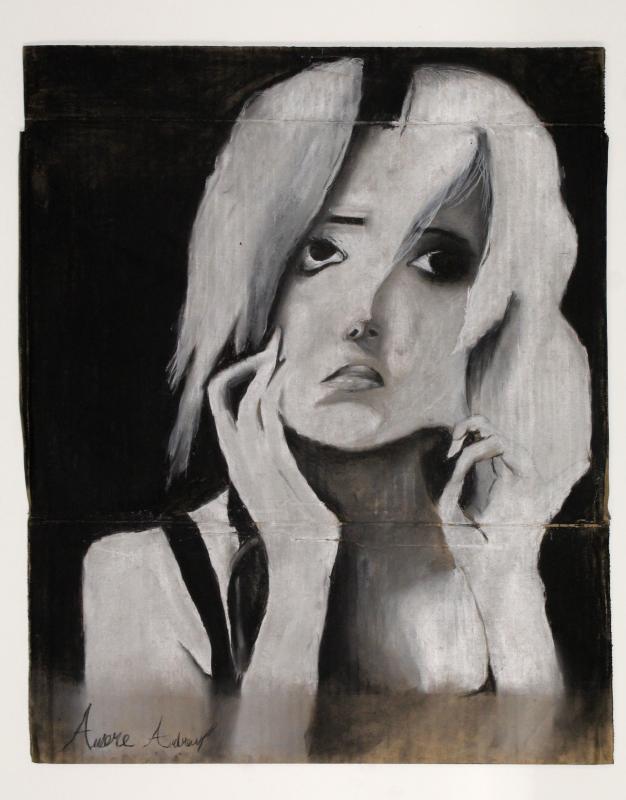Young teenage girl pulling at face, shows the rawness of mental illness. Charcoal drawing