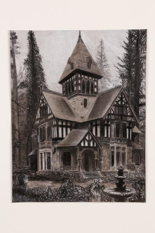 Charcoal drawing of a detailed Victorian-style house with a tall central tower, surrounded by tall trees, a small fountain, and faint stone sculptures, creating a quiet, slightly mysterious forest setting.