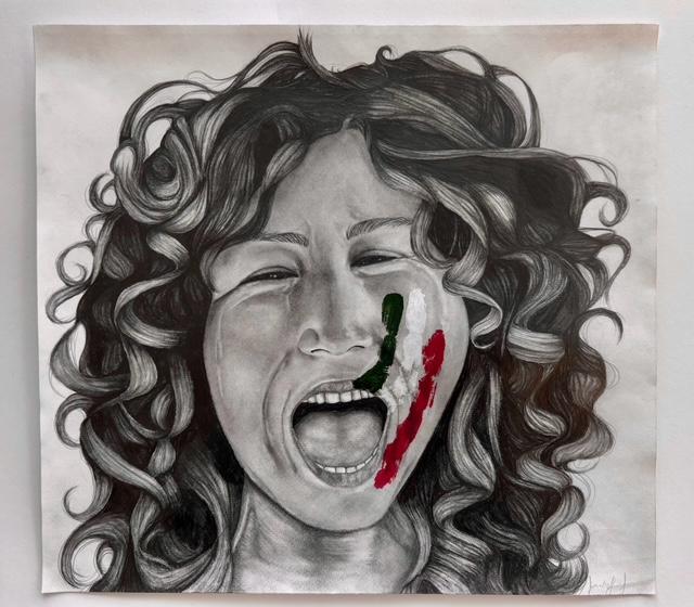 A graphite portrait of a woman in distress with acrylic detail overlay, representing the colors of the Mexican flag, which entertains the notions of resistance and social justice.