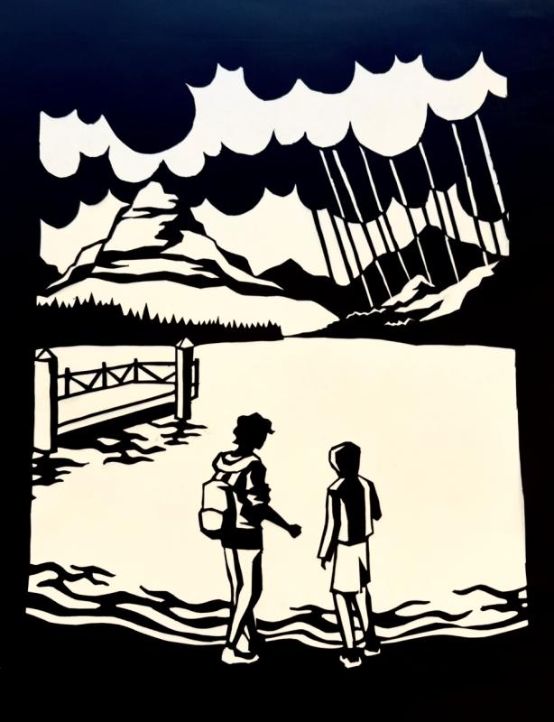 Two figures stand looking at the beach of a lake, with wave ripples on the shoreline. There are large mountains on the other side, a dock to the left, and huge clouds above. Rain comes down over the mountains on the right side.