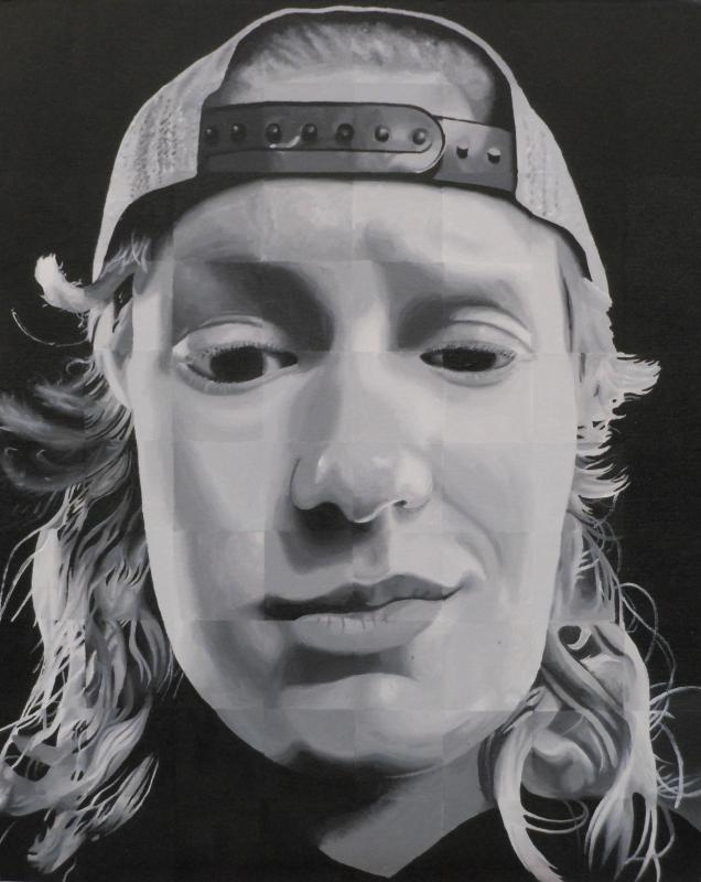 Black-and-white acrylic painting depicting a close-up of a smiling person wearing a backwards baseball cap.