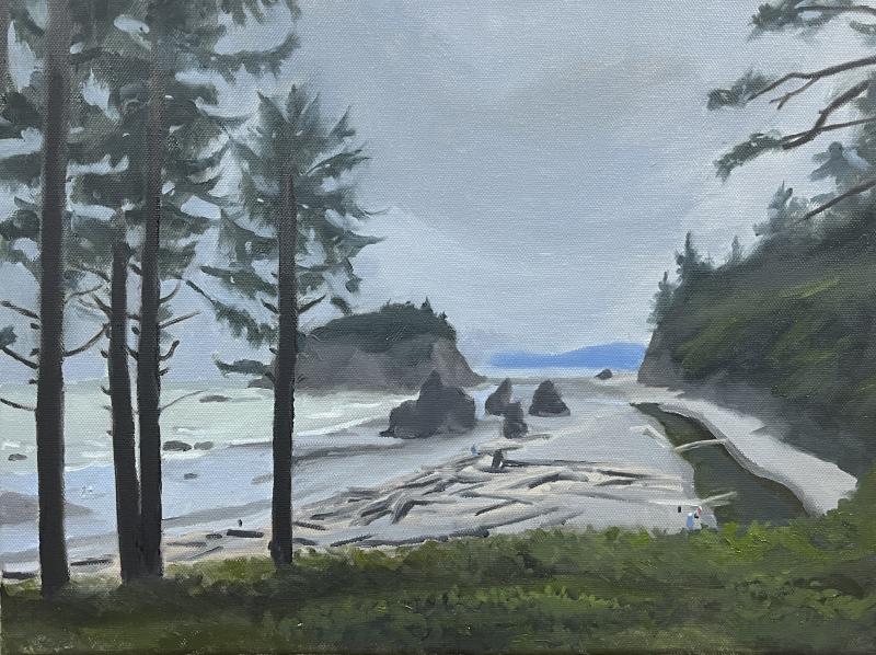 Oil painting of Ruby Beach, one of the beaches apart of the Olympic coastline in Washington State. This painting features a view from the trees looking down on the sea stacks and tiny people on the shore.