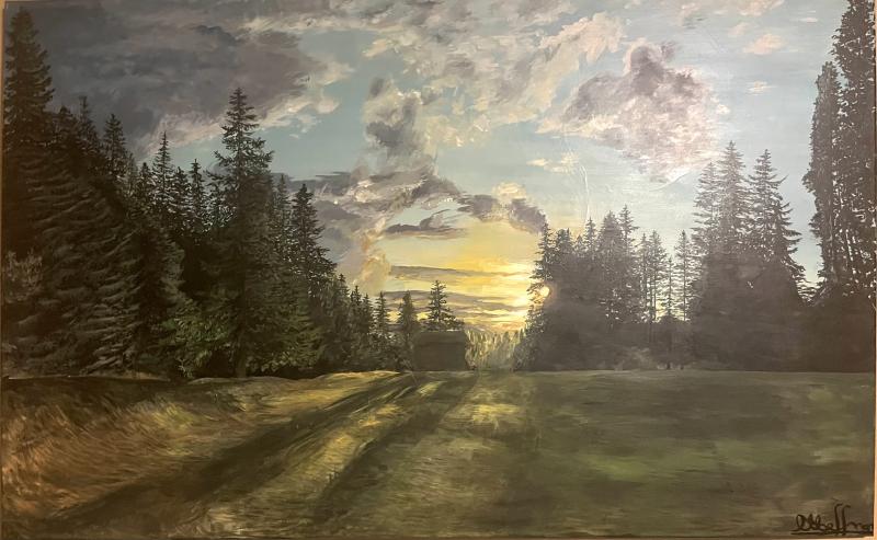 Hazy yellow sunset peaking through the trees across an open grass field in the late evening, depicting a perfect moment in time.