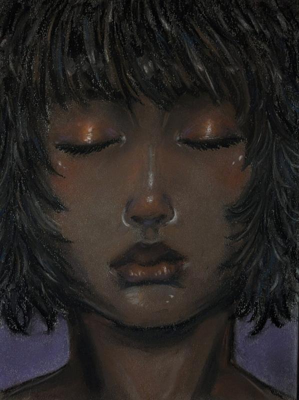 A portrait of a woman with soft-dreamy features, her eyes are closed, and her short black hair frames her face and compliments her warm brown skin. She has warm-toned makeup, shiny faint red-orange eyeshadow and faint rosy blush on her cheeks and nose.