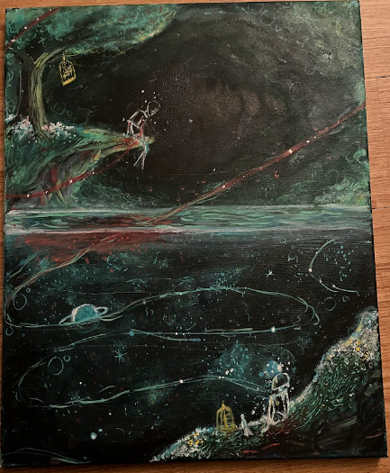 Painting of a person in nature looking down to a person in open night sky