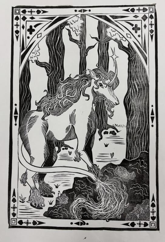 Drawing of unicorn in the forest