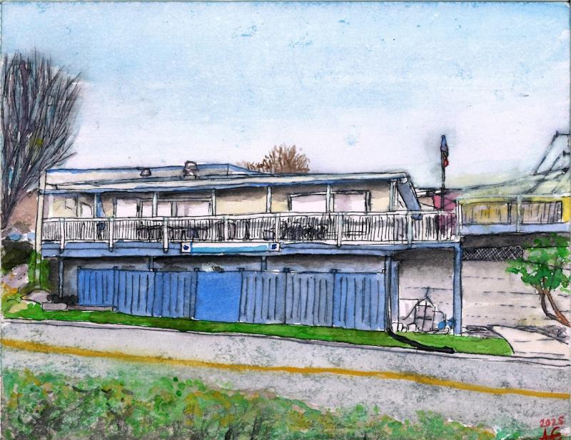 "KCYC at Sunset" is a watercolor depiction of the Kingston Cove Yacht Club, done in color with the goal of realism.