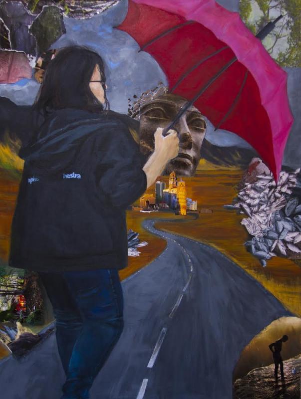 Mixed Media painting with newspapers of me standing with purposefully not using the umbrella in my hand. There is a road without an end in front of me, but I am not afraid of it anymore, because it is My Road that I choose to walk on.