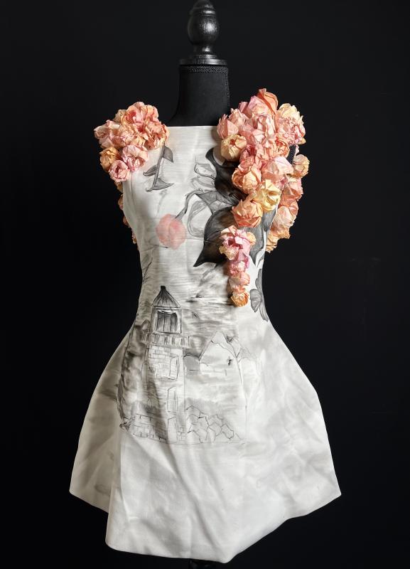 The monochrome piece, with a limp soft pastel bloom at its core fading in the presence of vibrant flowers, symbolizes the journey from fragility to strength, portraying how even the darkest beginnings can sparkle renewed life.