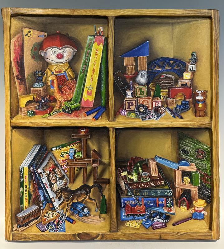 Acrylic painting of a faux wooden shelf with toys and books placed in it.