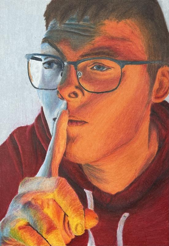 A Colored pencil and turpenoid self portrait of myself acting out the trend "Mewing" with red light highlighting the form of the face.