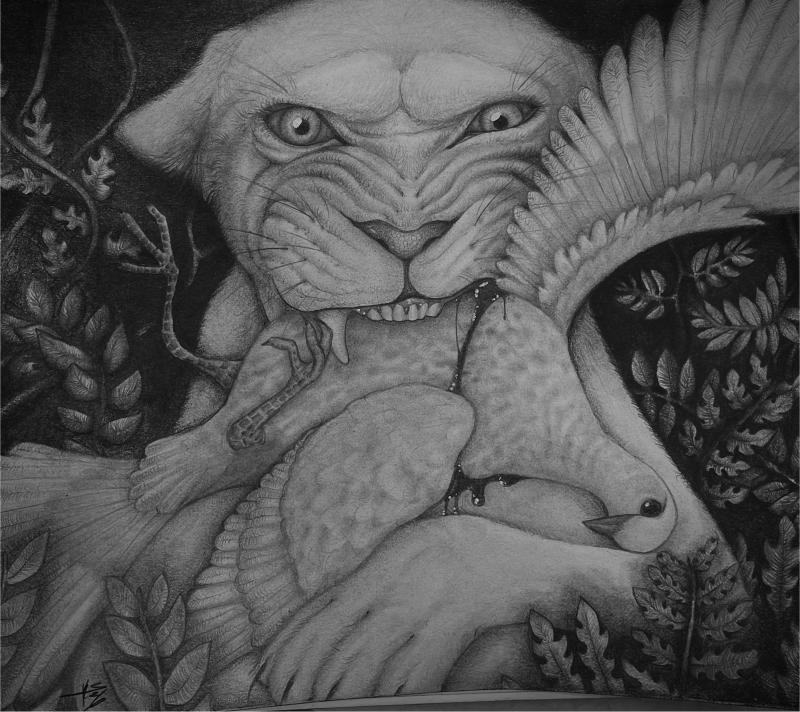 A white dove, being held down by the large claws of a snarling lioness, as the life slowly gets drained from the dove by the lioness's fangs, with a dark, shaded over forest serving as the background.