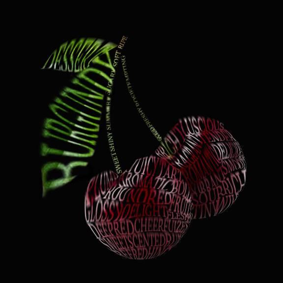 A typographic cherry illustration composed of layered text, with a green stem and red fruit formed from words related to cherries, creating a cohesive and contemporary visual composition.