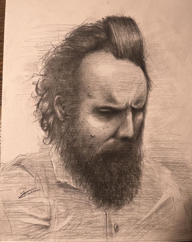 This piece shows an adult with a strong and reflective face, his beard and hair are long and untidy. The drawing is focused on the face, the stuff around it is not as detailed.