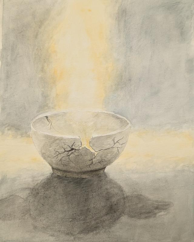 A watercolor painting depicting a cracked ceramic bowl with golden light spilling out of the cracks. This piece filled with meaningful details and symbolism that work together to build a strong message represented through art.