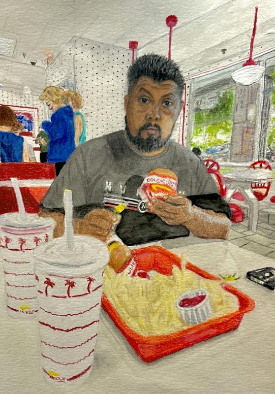 Colored pencil illustration of a man seated at a fast-food table, holding a burger and sauce packet, with fries, drinks, and a tray in front, and other customers in the background.
