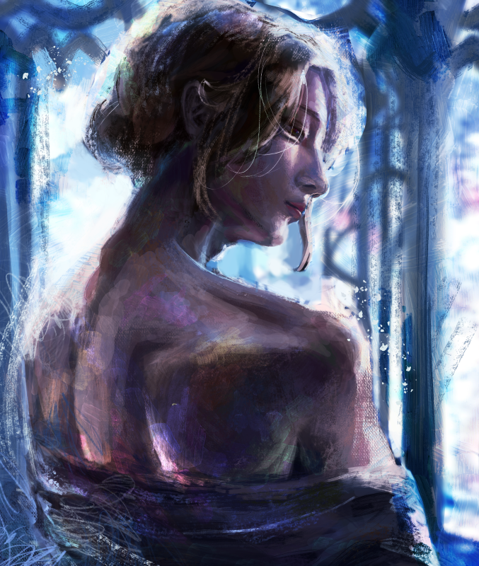 A woman standing in front of a stained glass window gazing off to the side.