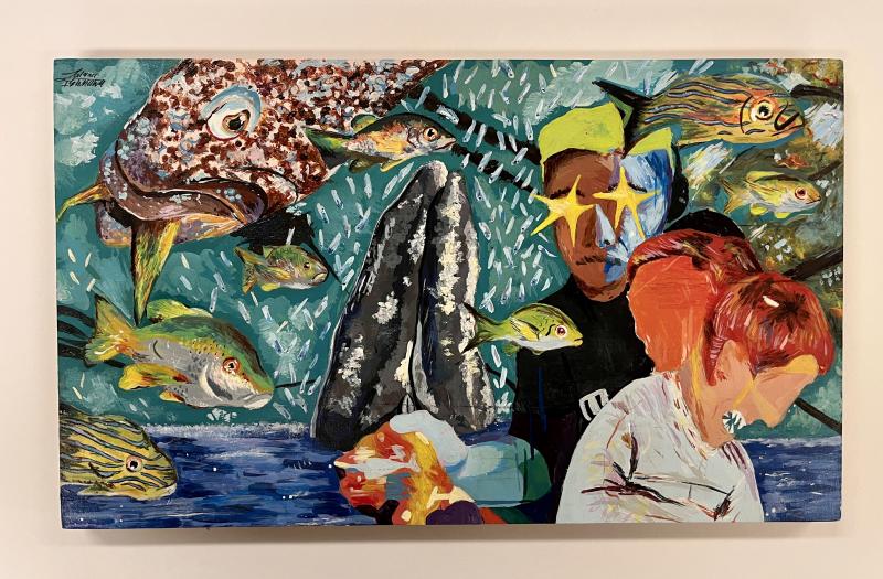 "One Fish, Two Fish" apply your own curious thoughts to this bright painting.