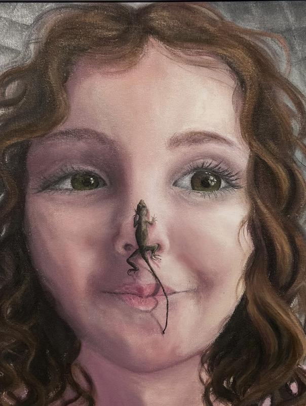 Oil Painting depicting a cropped, close up image of a young child's face. The child has pursed lips and a lizard on her nose.