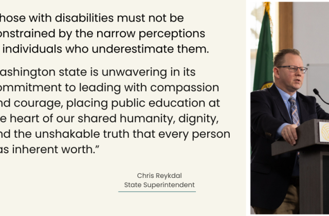 Superintendent Reykdal behind a podium