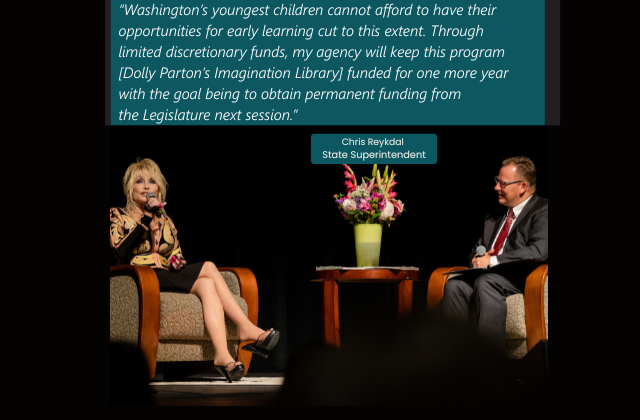 Dolly Parton and the Superintendent having a conversation sitting on stage