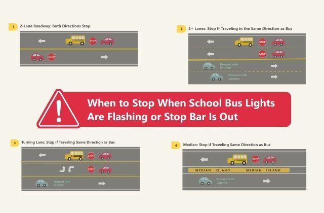illustrations of school buses on the road with text