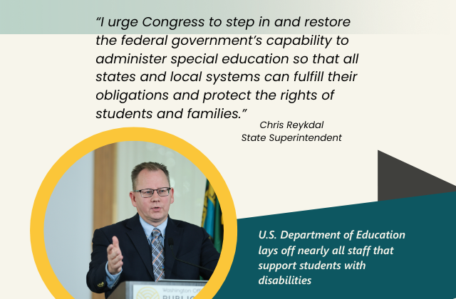 Superintendent speaking at podium with text below and above
