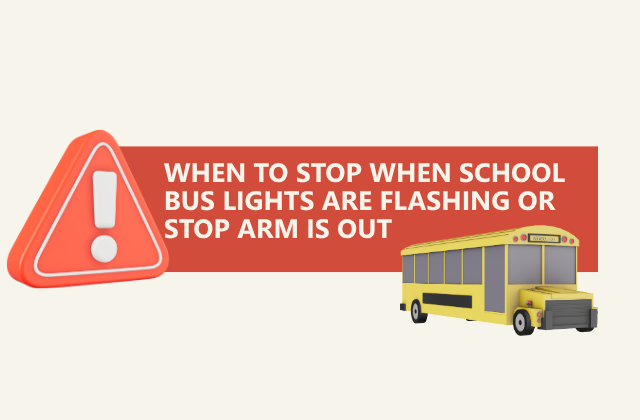 exclamation mark and text in box with illustration of school bus